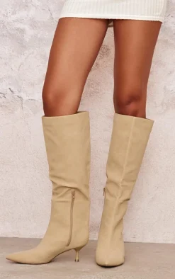 Camel Faux Nubuck Point Toe Low Heel Knee High Boots