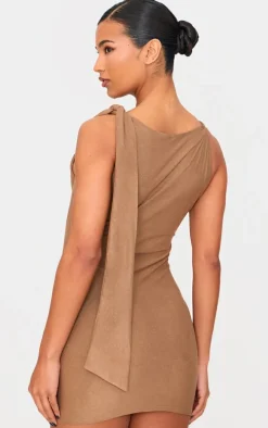 Camel Faux Suede Knot Drape Bodycon Dress