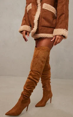 Camel Faux Suede Point Toe Studded Over The Knee Heeled Western Boots