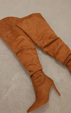 Camel Faux Suede Point Toe Studded Over The Knee Heeled Western Boots