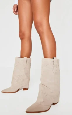 Camel Faux Suede Point Toe Block Heel Fold Over Western Boots