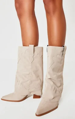 Camel Faux Suede Point Toe Block Heel Fold Over Western Boots