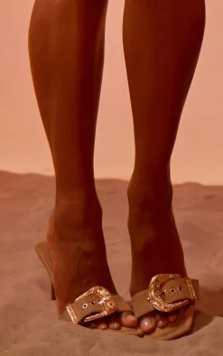 Camel Faux Suede Square Toe Western Buckle High Stiletto Heeled Mules