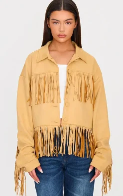 Camel Faux Suede Western Fringe Detail Jacket