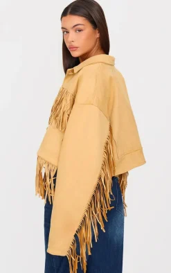 Camel Faux Suede Western Fringe Detail Jacket