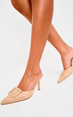 Camel Faux Suede Wide Fit Buckle Point Toe Heeled Mules