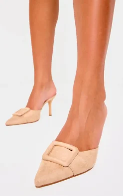 Camel Faux Suede Wide Fit Buckle Point Toe Heeled Mules