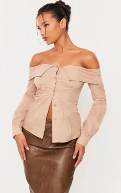 Camel Fold Over Edge Off Shoulder Shirt