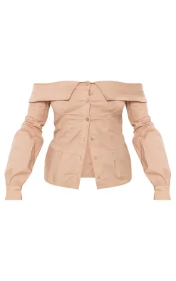 Camel Fold Over Edge Off Shoulder Shirt