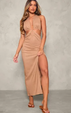 Camel Halterneck Backless Maxi Dress
