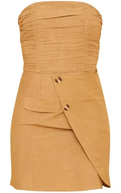 Camel Linen Look Bandeau Ruched Wrap Bodycon Dress