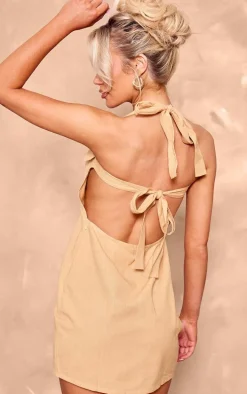 Camel Linen Look Pocket Halterneck Tie Bodycon Dress