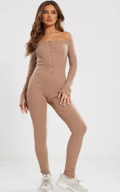 Camel Off The Shoulder Button Front Ribbed Jumpsuit