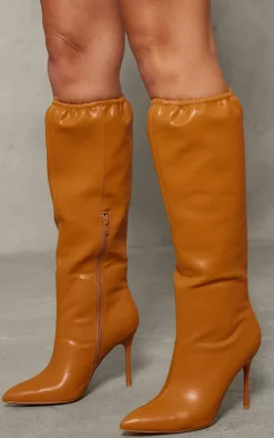 Camel PU Point Toe Gathered Hem Knee High Stiletto Heeled Boots