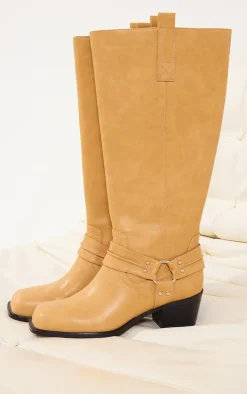 Camel Pu Square Toe Buckle Detail Knee High Boots