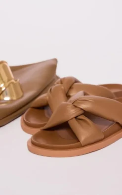 Camel Real Leather Round Toe Strap Over Quilted Strap Footbed Sandals