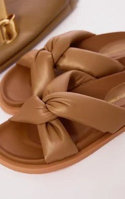 Camel Real Leather Round Toe Strap Over Quilted Strap Footbed Sandals