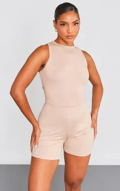 Camel Ribbed Racer Unitard