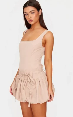 Camel Square Neck Puffball Dress