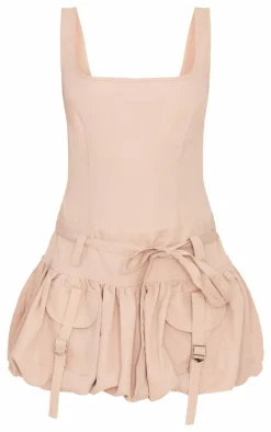 Camel Square Neck Puffball Dress