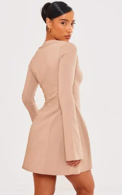 Camel Stretch Woven Square Neck Pleated Shift Dress