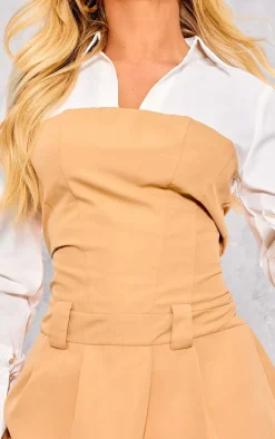 Camel Tailored Contrast Pleated Shirt Dress