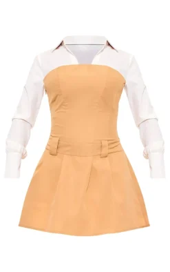 Camel Tailored Contrast Pleated Shirt Dress