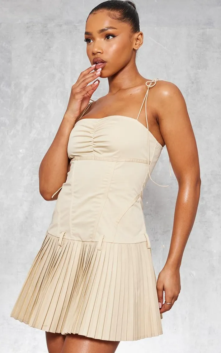 Camel Tailored Woven Corset Pleated Shift Dress