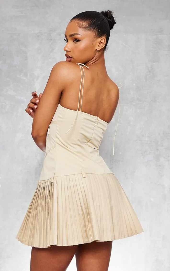 Camel Tailored Woven Corset Pleated Shift Dress