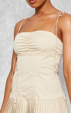 Camel Tailored Woven Corset Pleated Shift Dress