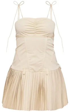 Camel Tailored Woven Corset Pleated Shift Dress