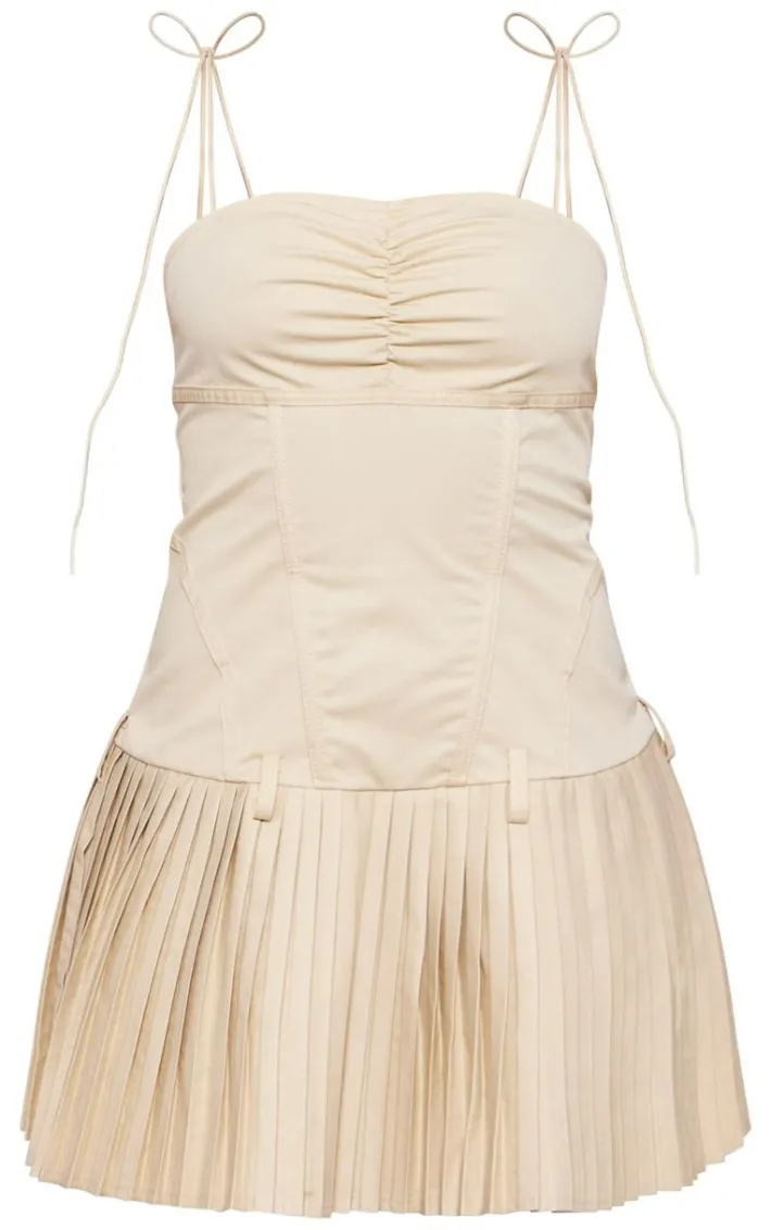 Camel Tailored Woven Corset Pleated Shift Dress