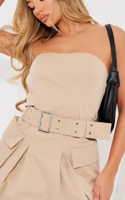 Camel Tailored Woven Pocket Belted Bandeau Bodycon Dress