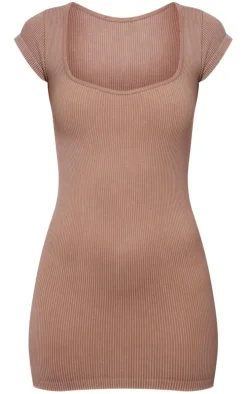 Camel Washed Snatched Rib Crew Neck Cap Sleeve Bodycon Dress