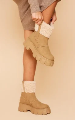 Camel Wide Fit Faux Suede Shearling Chunky Platform Ankle Boots