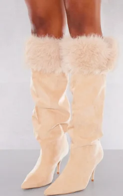 Camel Wide Fit Faux Suede Point Toe Faux Trim Knee High Heeled Boots