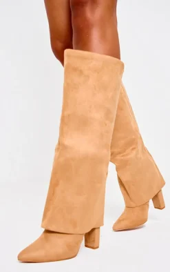 Camel Wide Fit Faux Suede Pointed Fold Over Block Heel Knee Boots