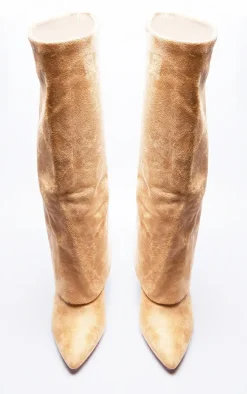 Camel Wide Fit Faux Suede Pointed Fold Over Block Heel Knee Boots