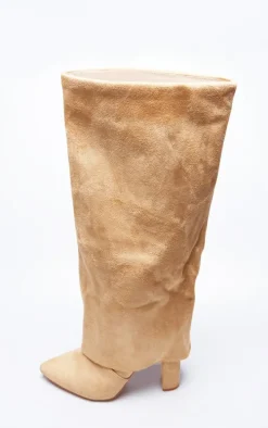 Camel Wide Fit Faux Suede Pointed Fold Over Block Heel Knee Boots