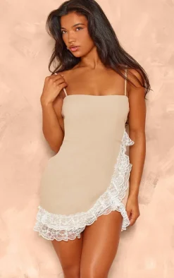 Camel Woven Asymmetric Lace Detail Bodycon Dress