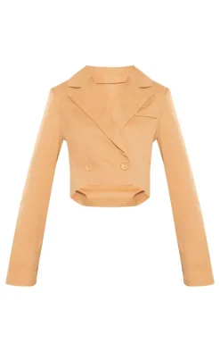 Camel Woven Cropped Shoulder Padded Blazer