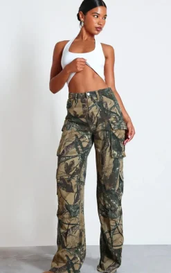 Camo Detailed Print Wide Leg Jeans