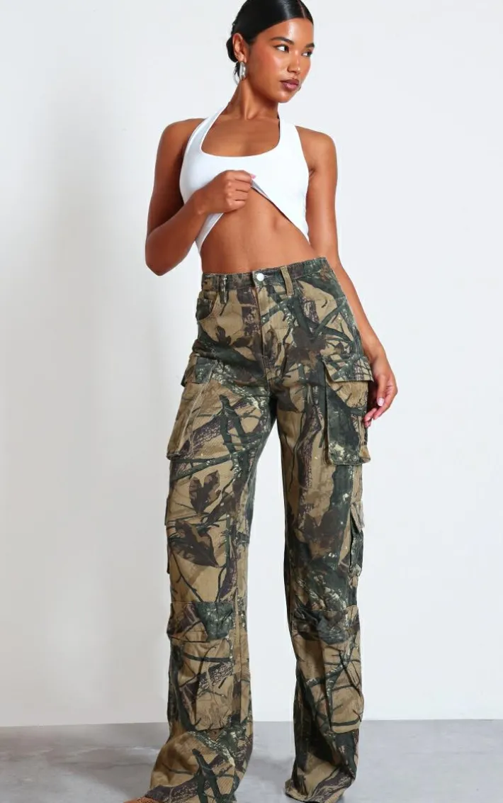 Camo Detailed Print Wide Leg Jeans