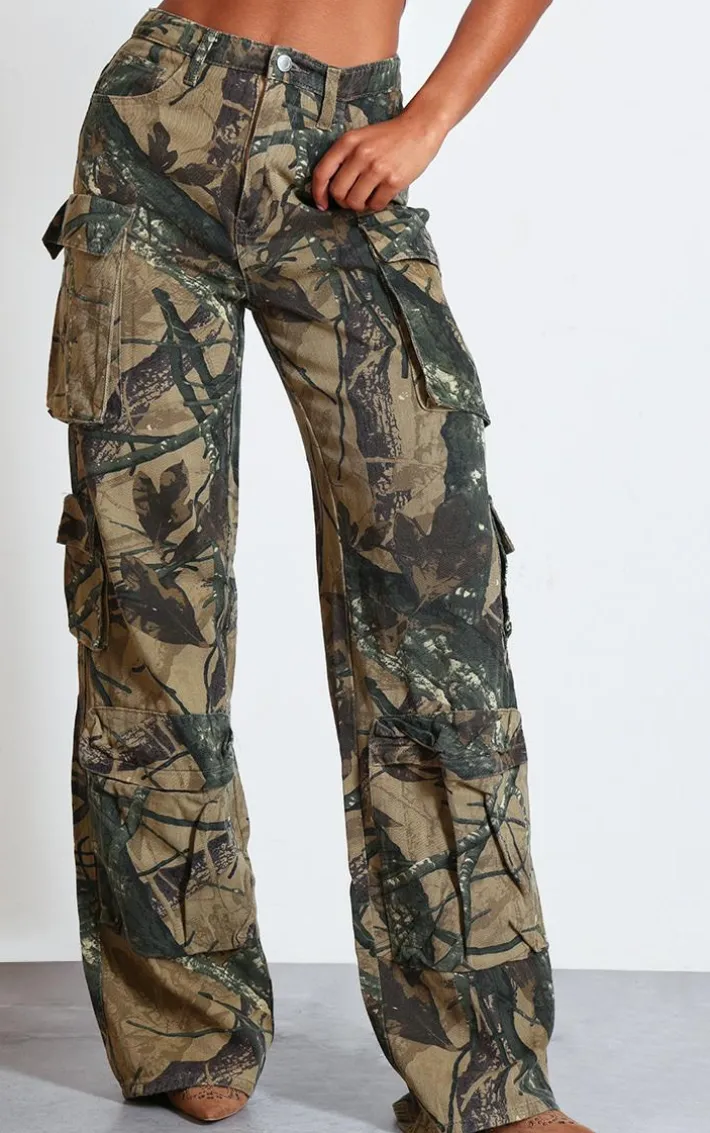 Camo Detailed Print Wide Leg Jeans