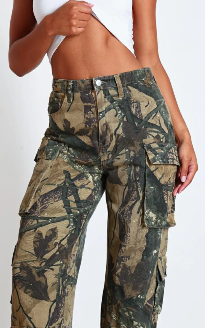 Camo Detailed Print Wide Leg Jeans