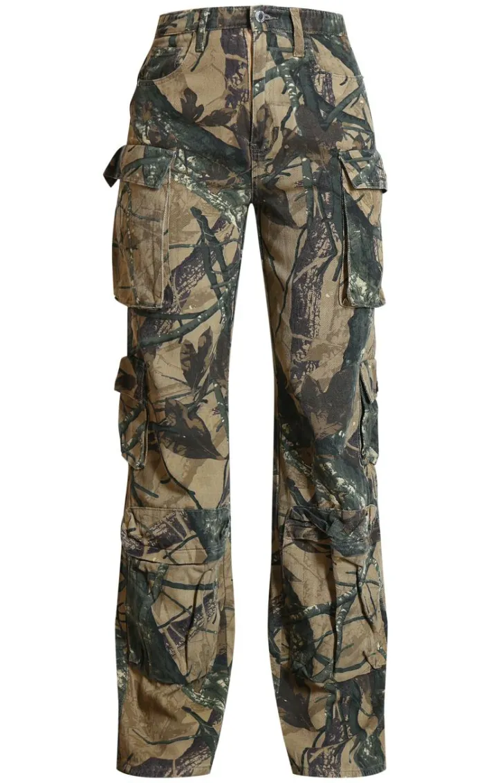 Camo Detailed Print Wide Leg Jeans