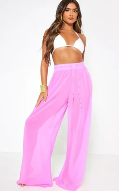 Candy Pink Chiffon Drawstring Wide Leg Beach Pants