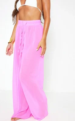 Candy Pink Chiffon Drawstring Wide Leg Beach Pants