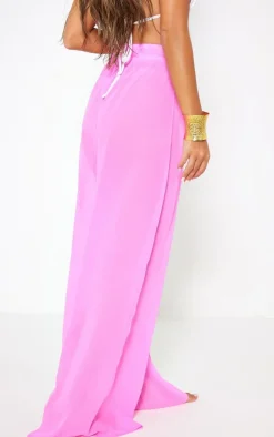 Candy Pink Chiffon Drawstring Wide Leg Beach Pants