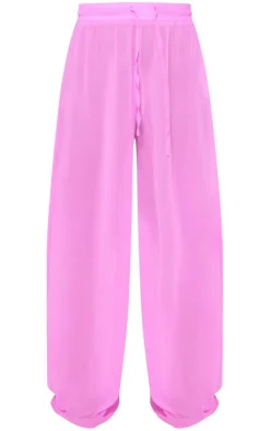 Candy Pink Chiffon Drawstring Wide Leg Beach Pants